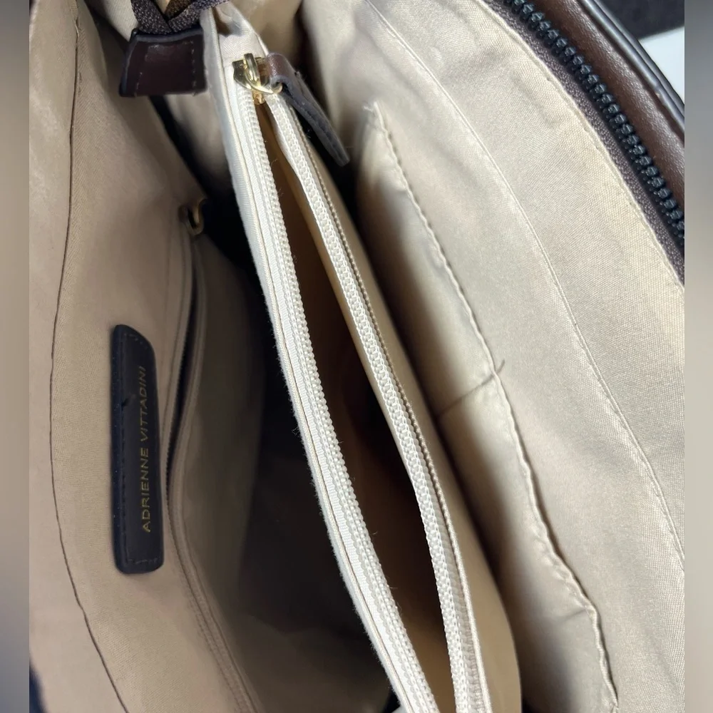 Adrienne Vittadini Brown Vegan Leather and Cream Linen Medium  Handbag